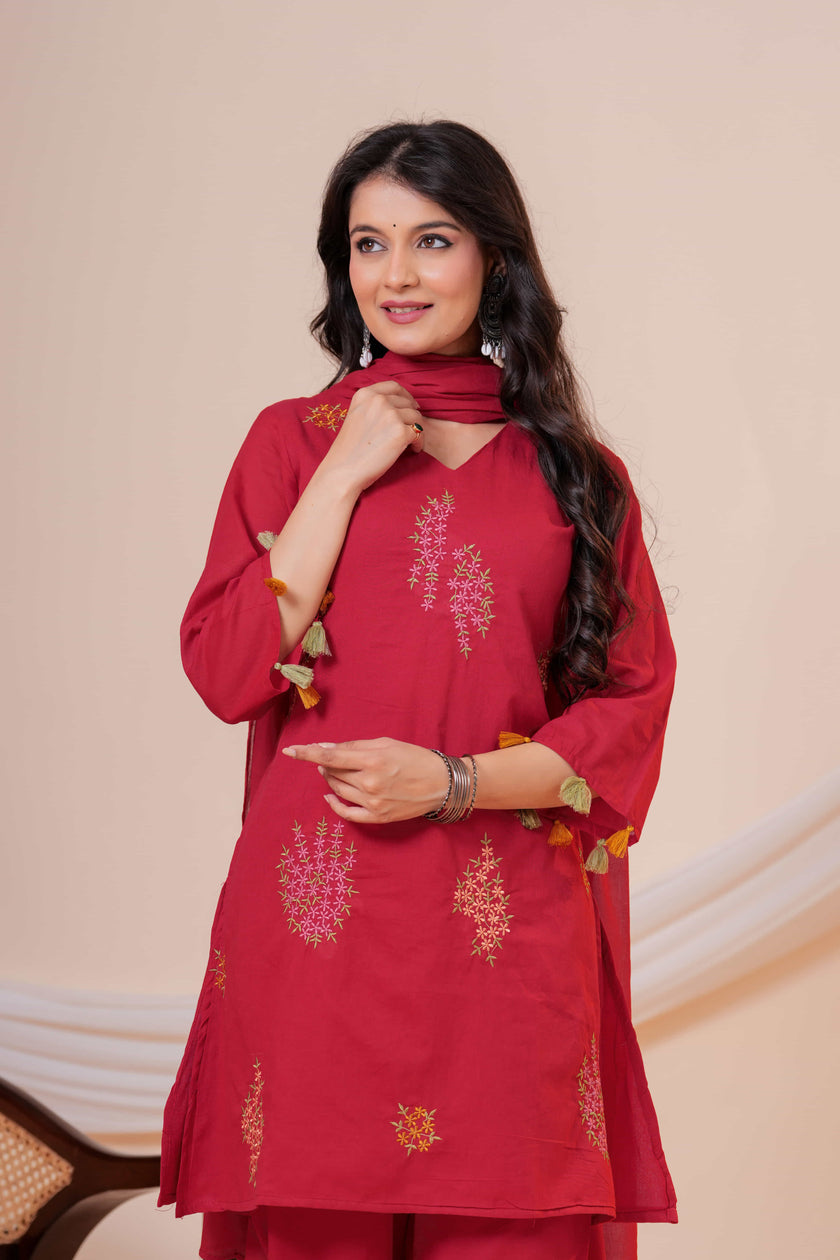 Aarzoo Maroon Floral Embroidered Kurta Set