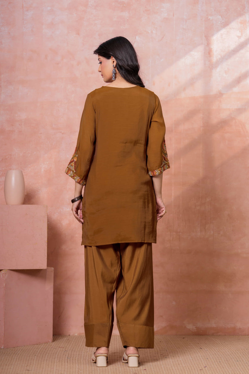 Brown Floral Embroidered Kurta Set