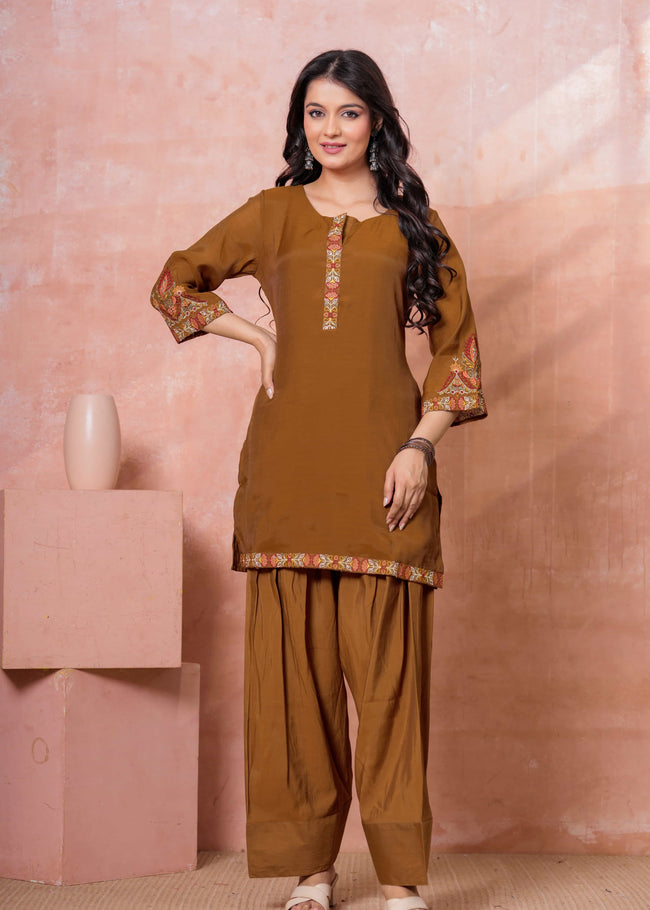 Brown Floral Embroidered Kurta Set