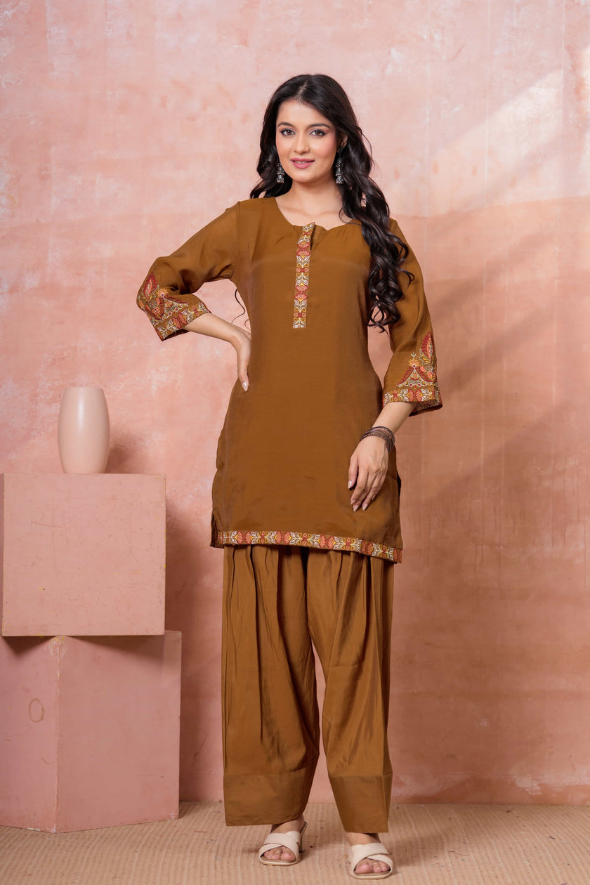 Brown Floral Embroidered Kurta Set