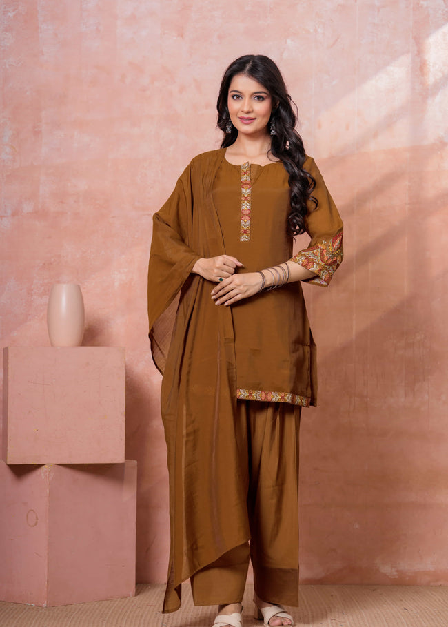 Brown Floral Embroidered Kurta Set