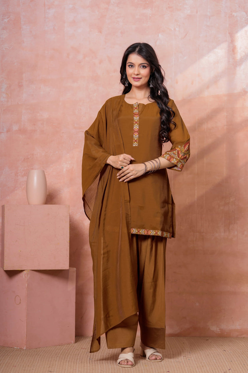 Brown Floral Embroidered Kurta Set