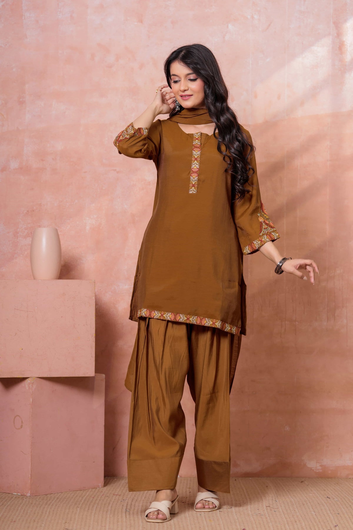 Brown Floral Embroidered Kurta Set