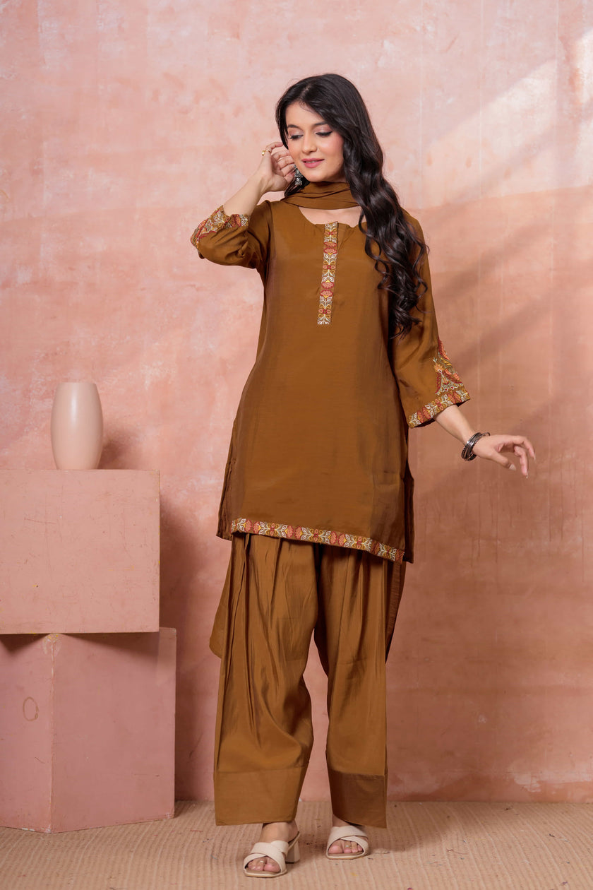 Brown Floral Embroidered Kurta Set