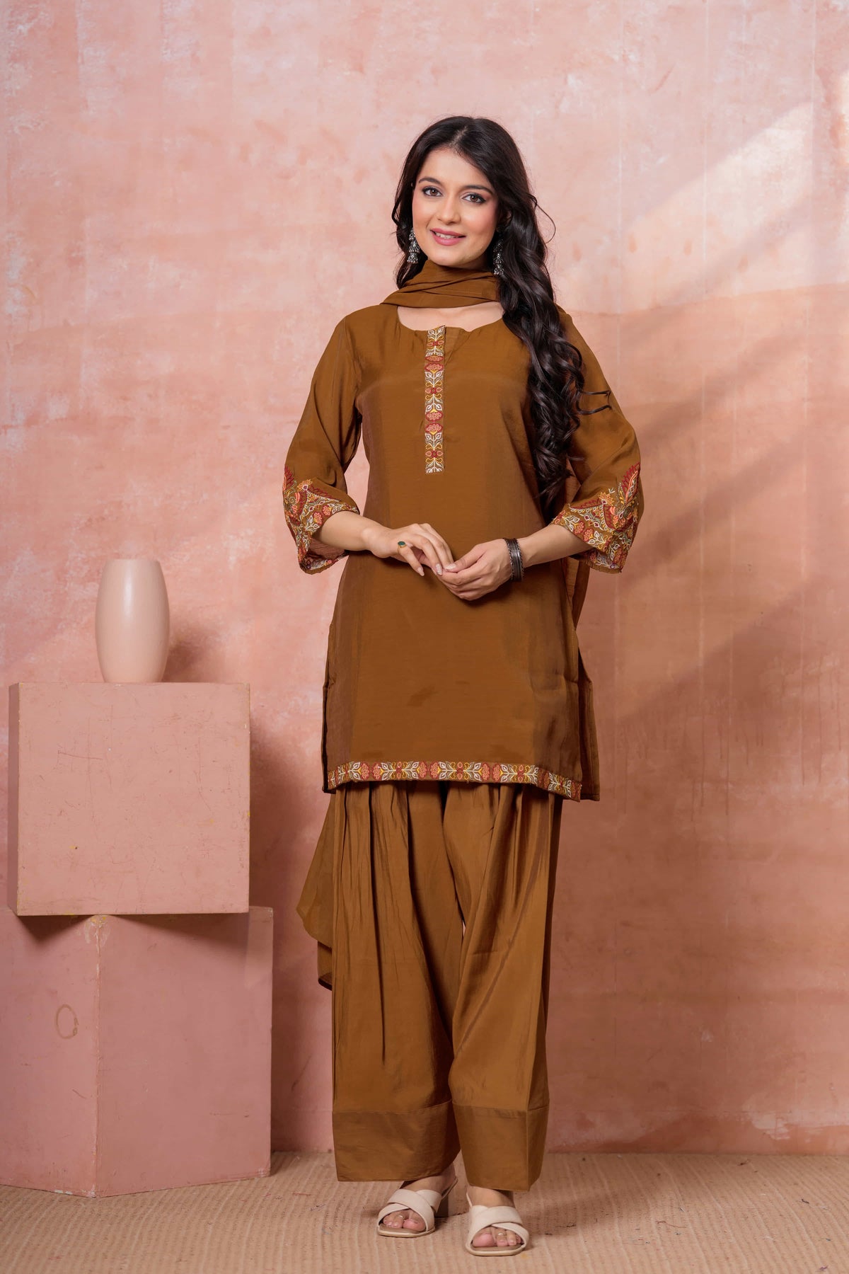 Brown Floral Embroidered Kurta Set