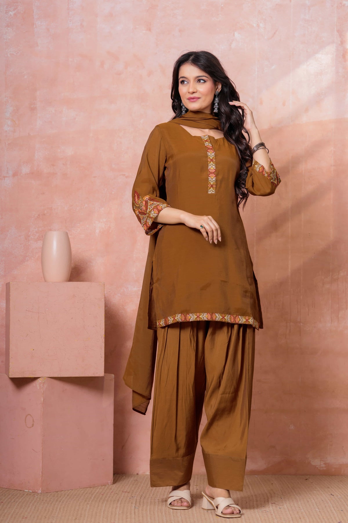 Brown Floral Embroidered Kurta Set