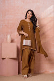 Brown Floral Embroidered Kurta Set
