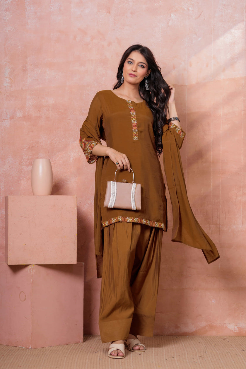 Brown Floral Embroidered Kurta Set