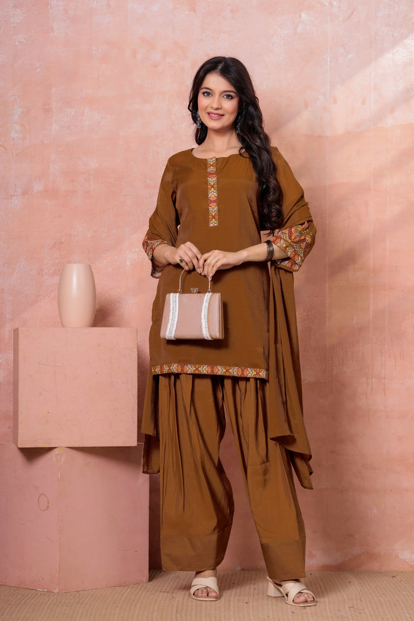 Brown Floral Embroidered Kurta Set