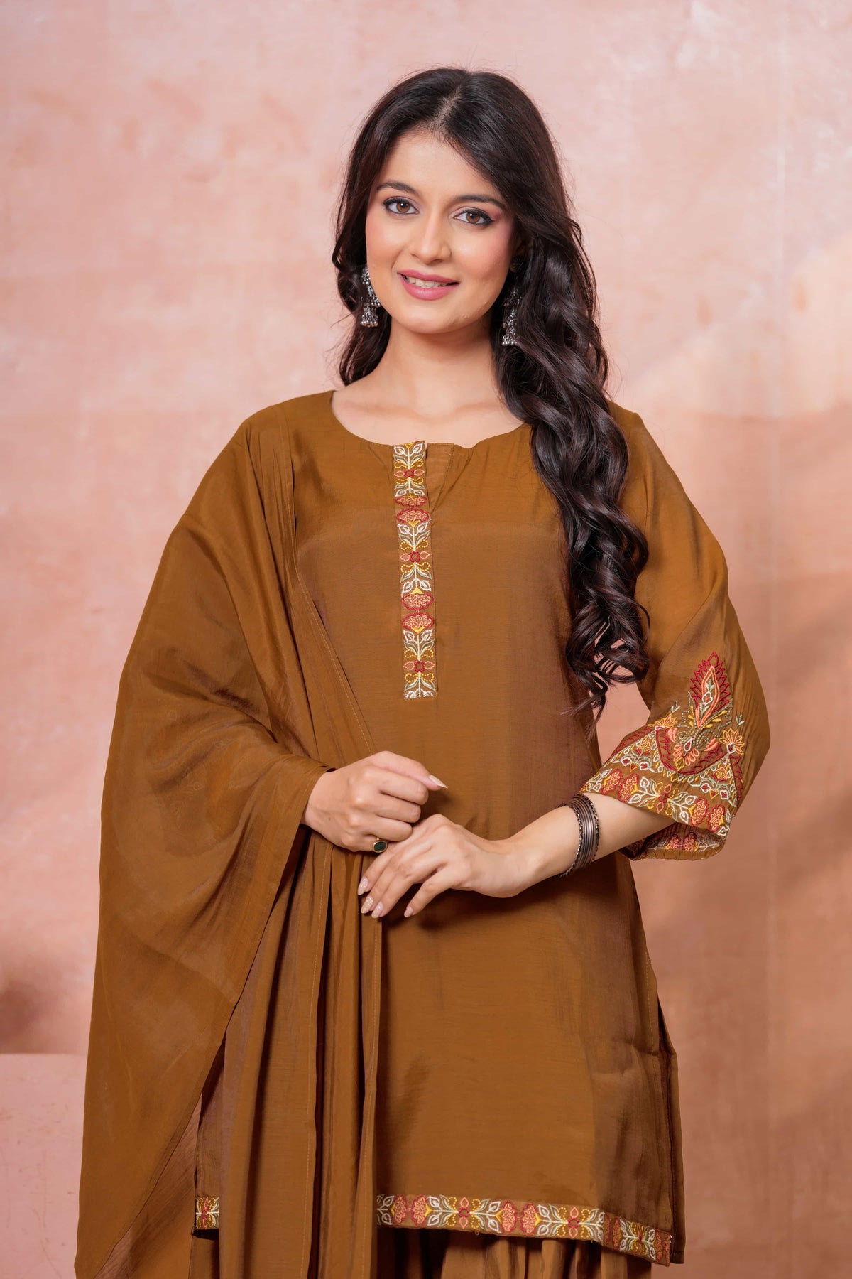 Brown Floral Embroidered Kurta Set