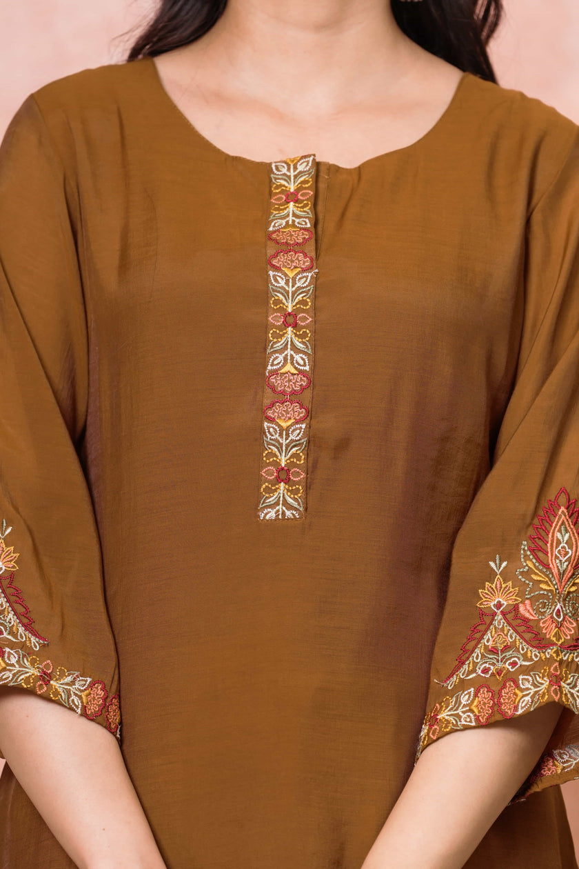 Brown Floral Embroidered Kurta Set