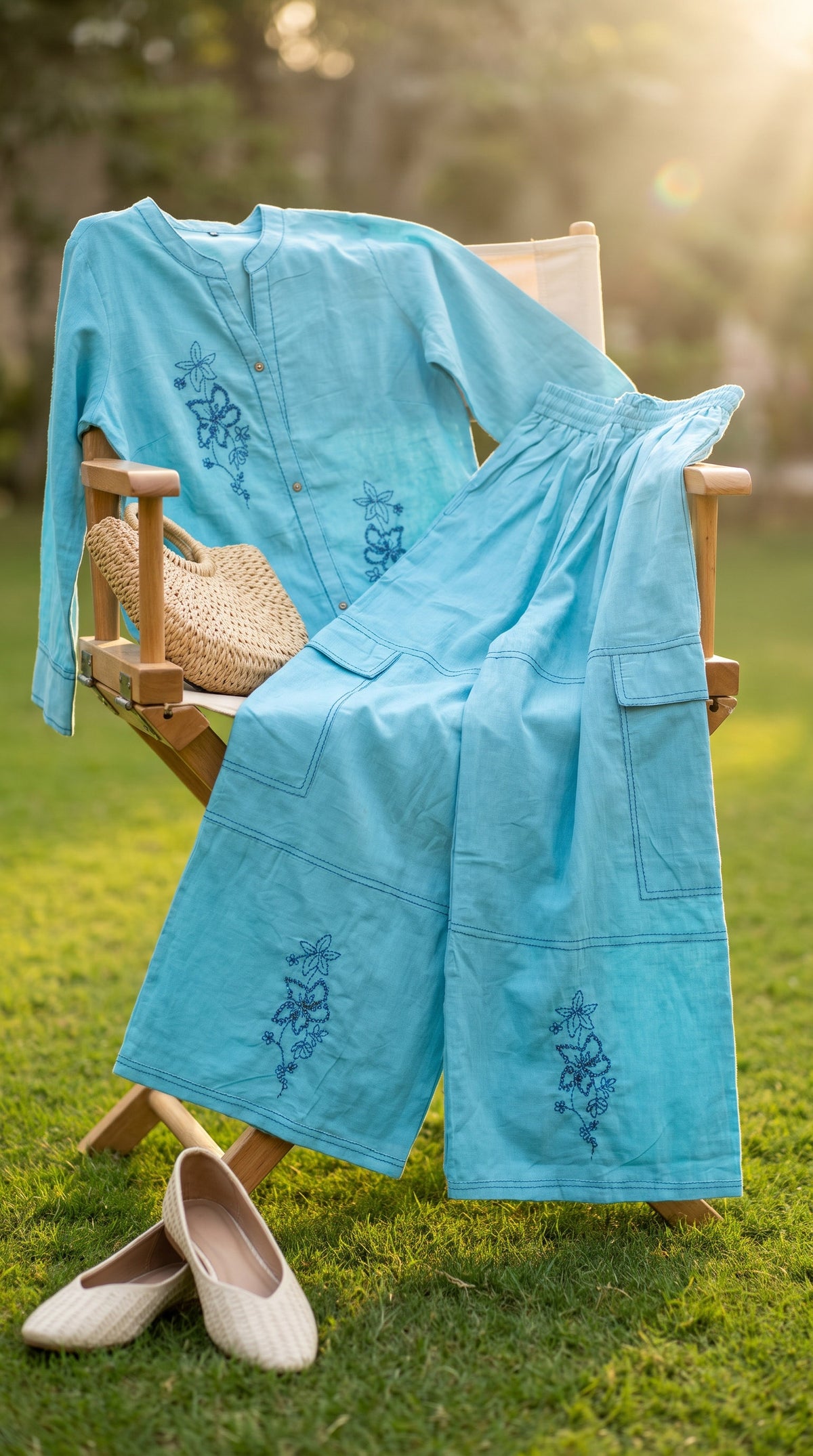 Haseen Sky Blue Kantha Embroidered Co-ord Set