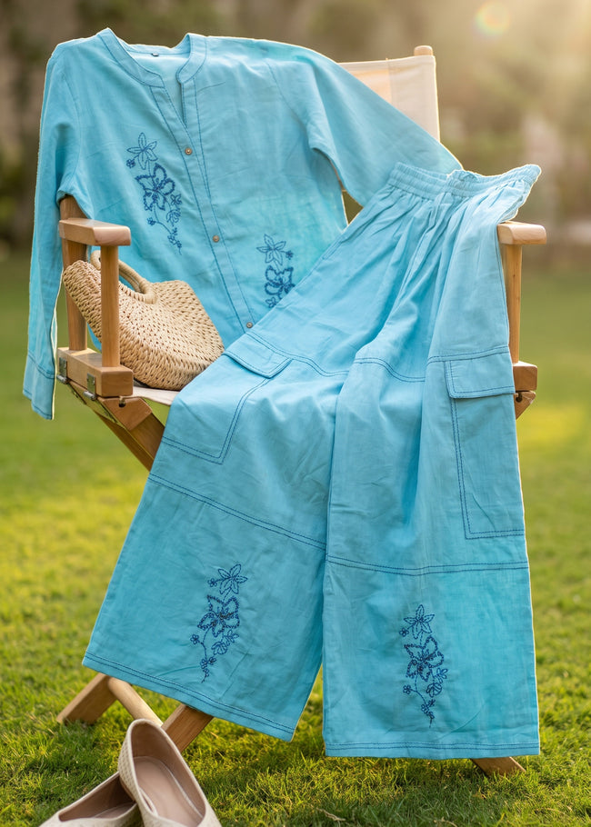Haseen Sky Blue Kantha Embroidered Co-ord Set