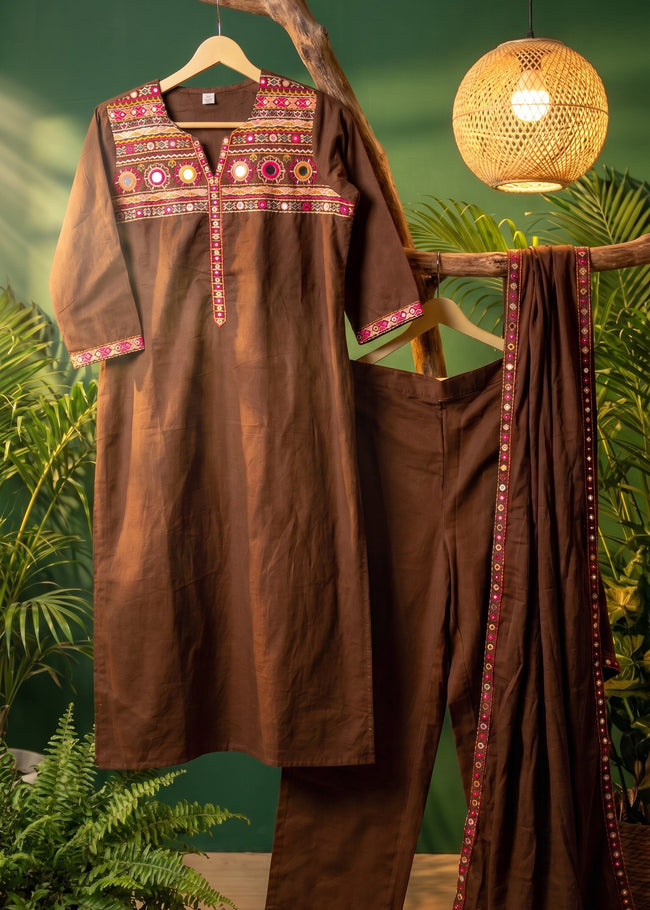 Rangrez Brown Embroidered Kurta Set