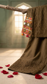 Load image into Gallery viewer, Mehr Military Green Schiffli Tassel Kurta Set