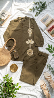 Zoya Military Green Dori Embroidered Co-ord Set