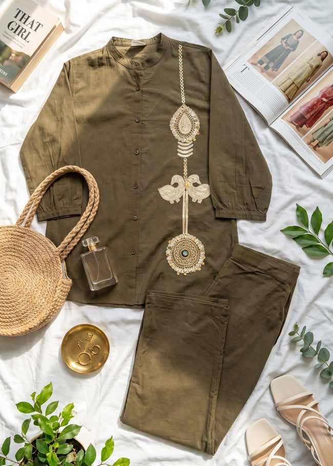 Zoya Military Green Dori Embroidered Co-ord Set