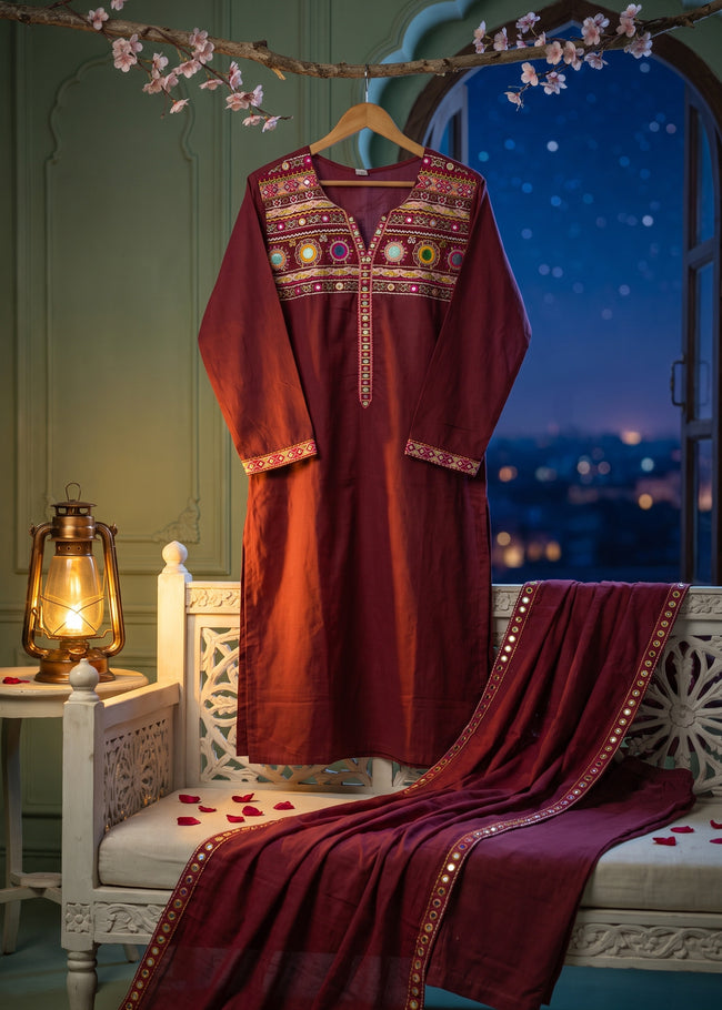 Leher Maroon Embroidered Kurta Set