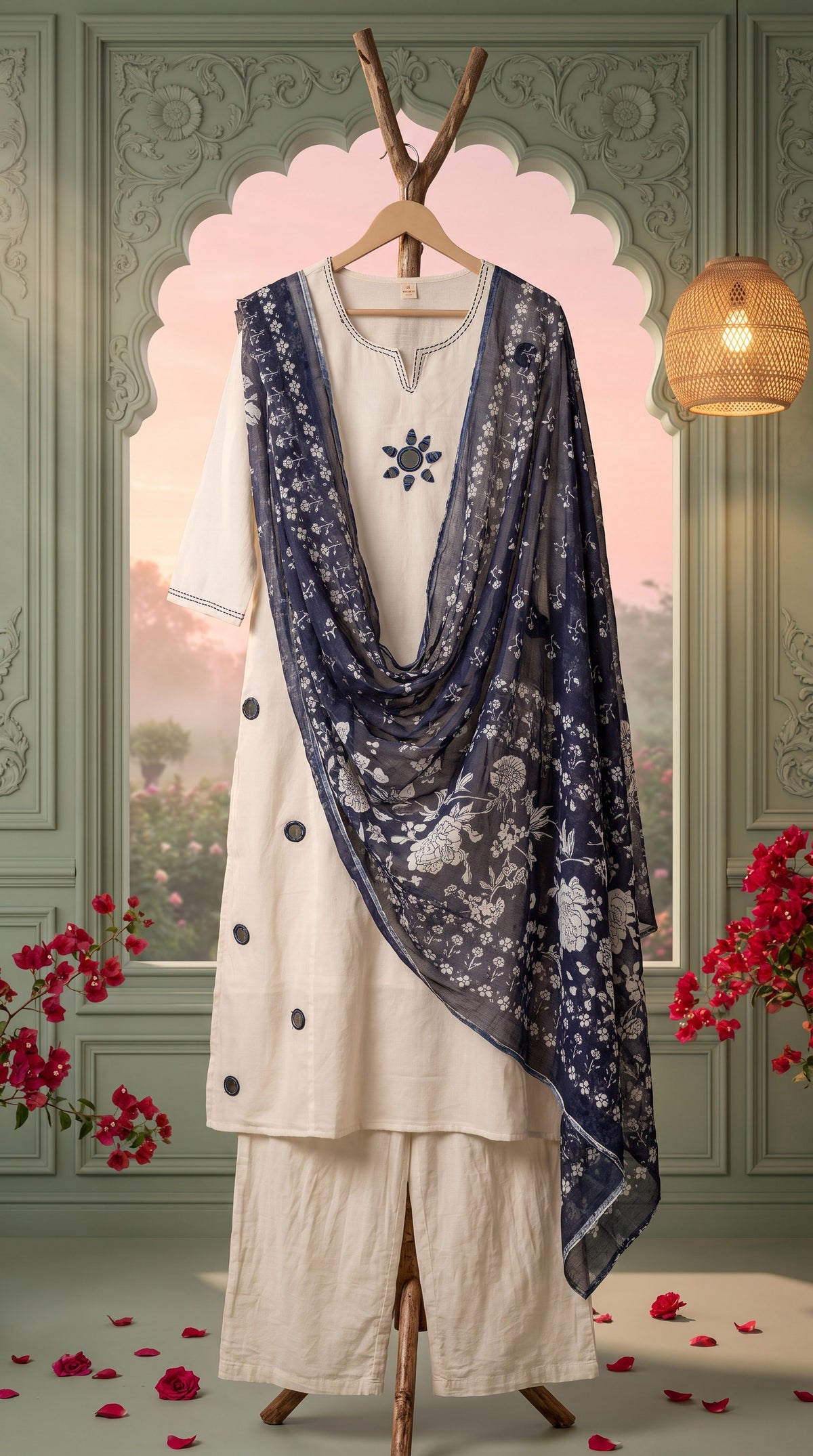 Roshini White Mirror Work Indigo Print Kurta Set