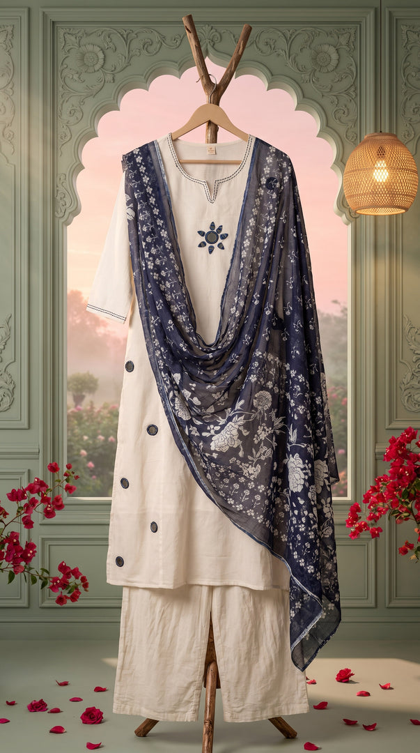 Roshini White Mirror Work Indigo Print Kurta Set