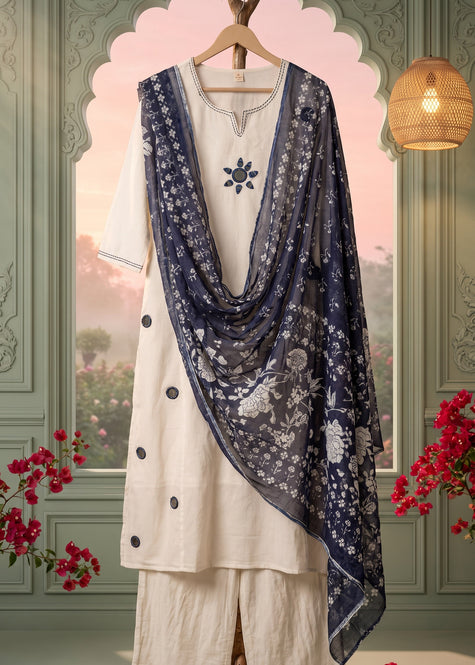 Roshini White Mirror Work Indigo Print Kurta Set