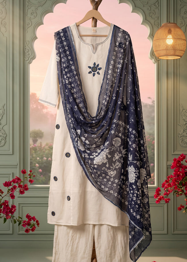 Roshini White Mirror Work Indigo Print Kurta Set