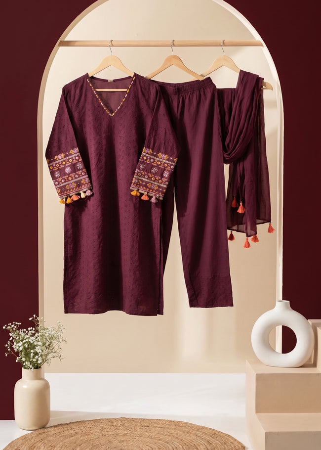 Mehr Wine Schiffli Tassel Kurta Set