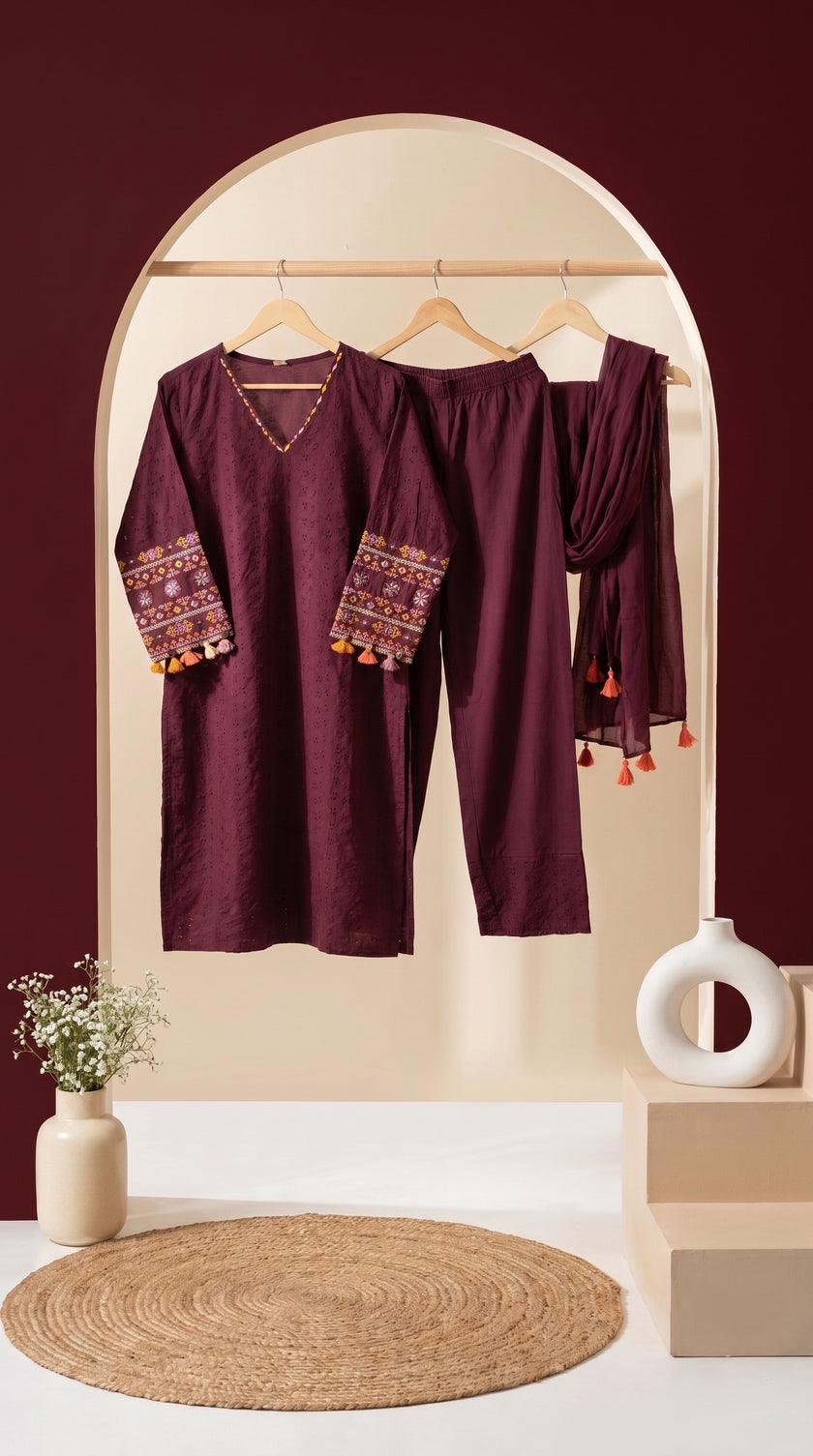 Mehr Wine Schiffli Tassel Kurta Set