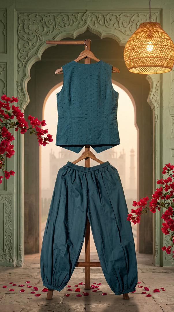 Aira Teal Schiffli Balloon Pant Co-ord Set