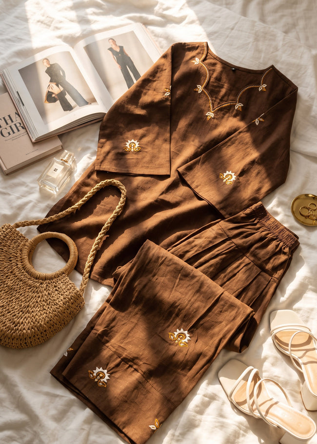 Adaa Brown Embroidered Farshi Kurta Set