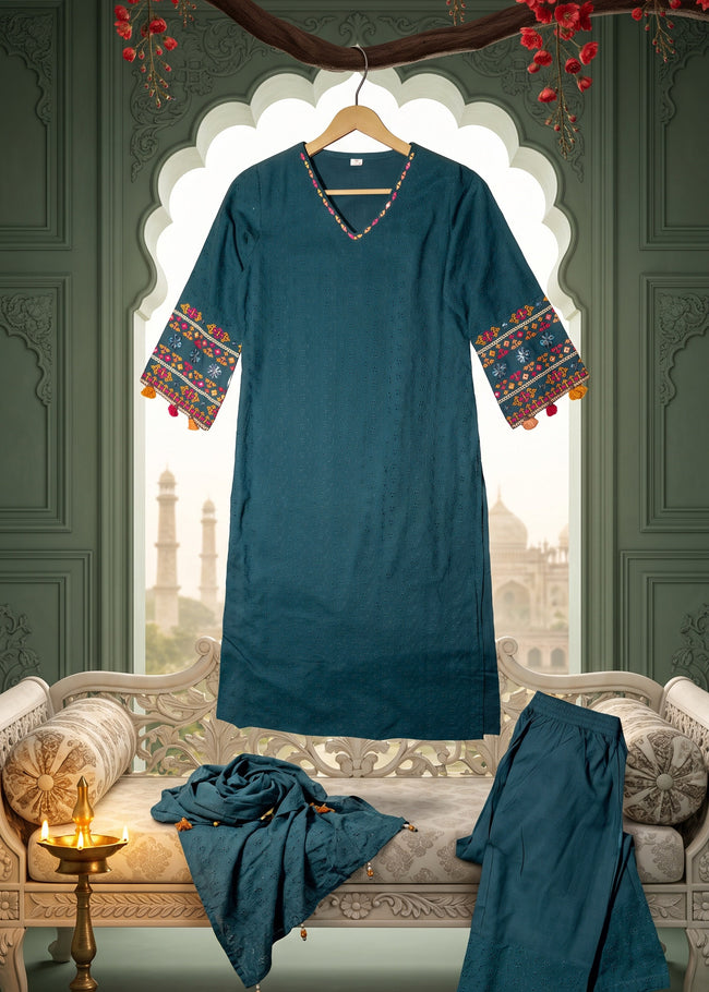Mehr Teal Schiffli Tassel Kurta Set