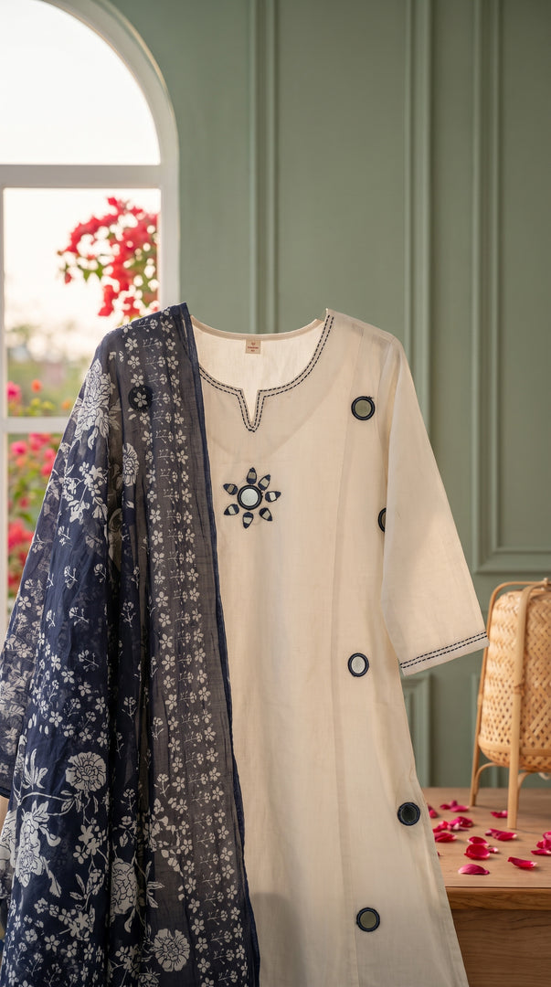 Roshini White Mirror Work Indigo Print Kurta Set