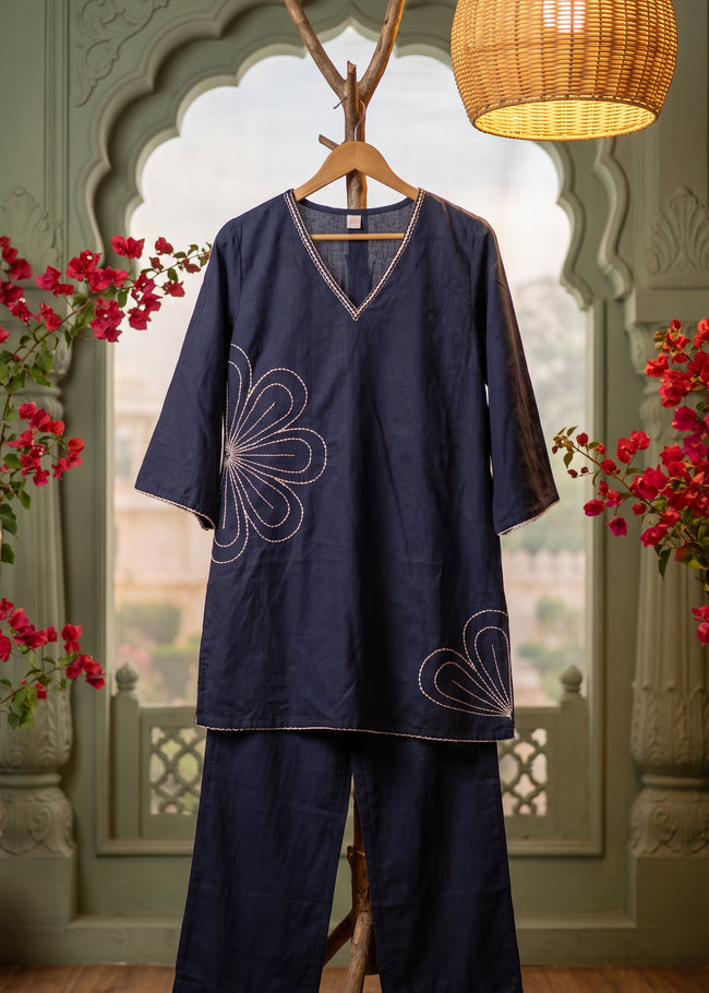 Rul Gul Navy Blue Embroidered Co-ord Set