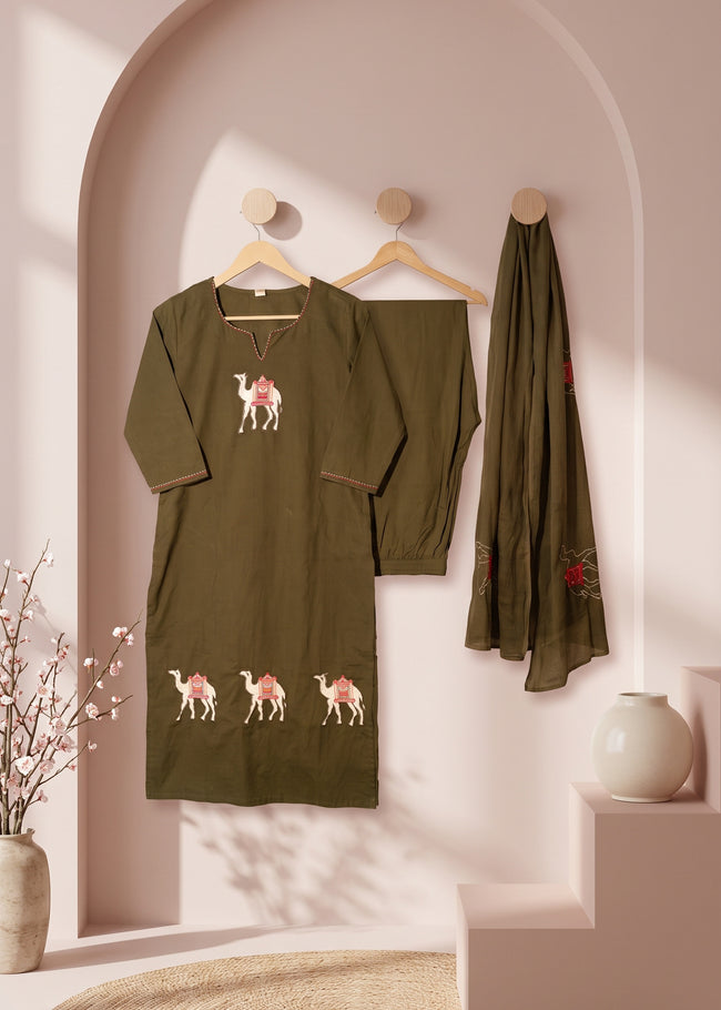 Maruva Military Green Appliqué Embroidered Kurta Set