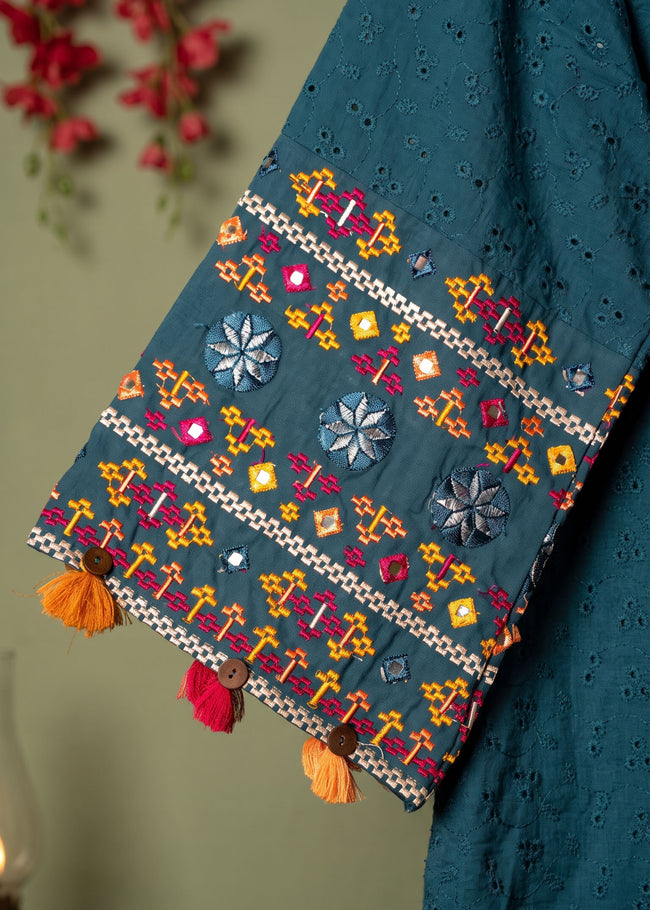 Mehr Teal Schiffli Tassel Kurta Set