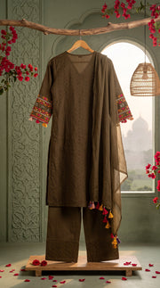 Mehr Military Green Schiffli Tassel Kurta Set
