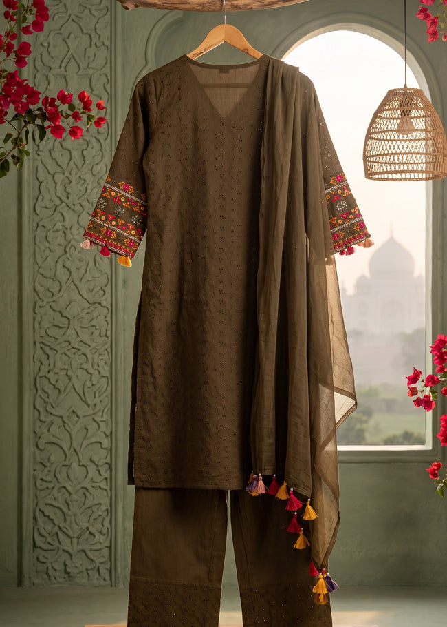 Mehr Military Green Schiffli Tassel Kurta Set