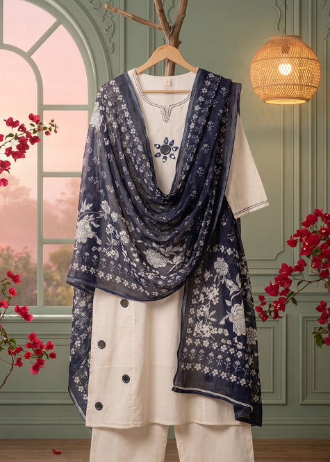 Roshini White Mirror Work Indigo Print Kurta Set