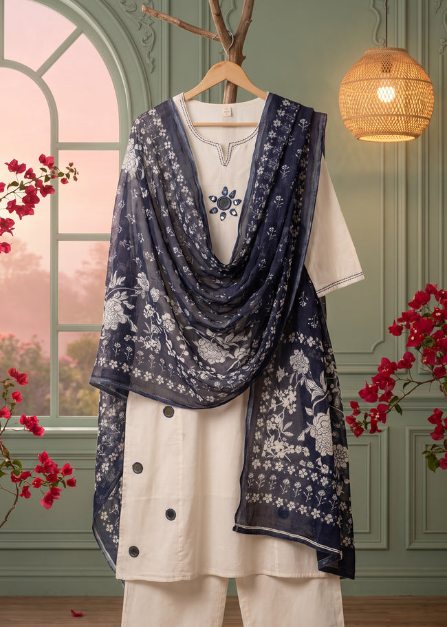 Roshini White Mirror Work Indigo Print Kurta Set