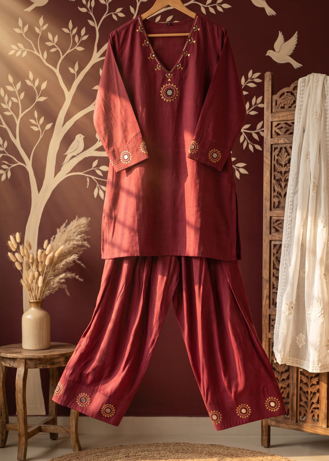 Sitara Gul Maroon Mirror Work Farshi Kurta Set