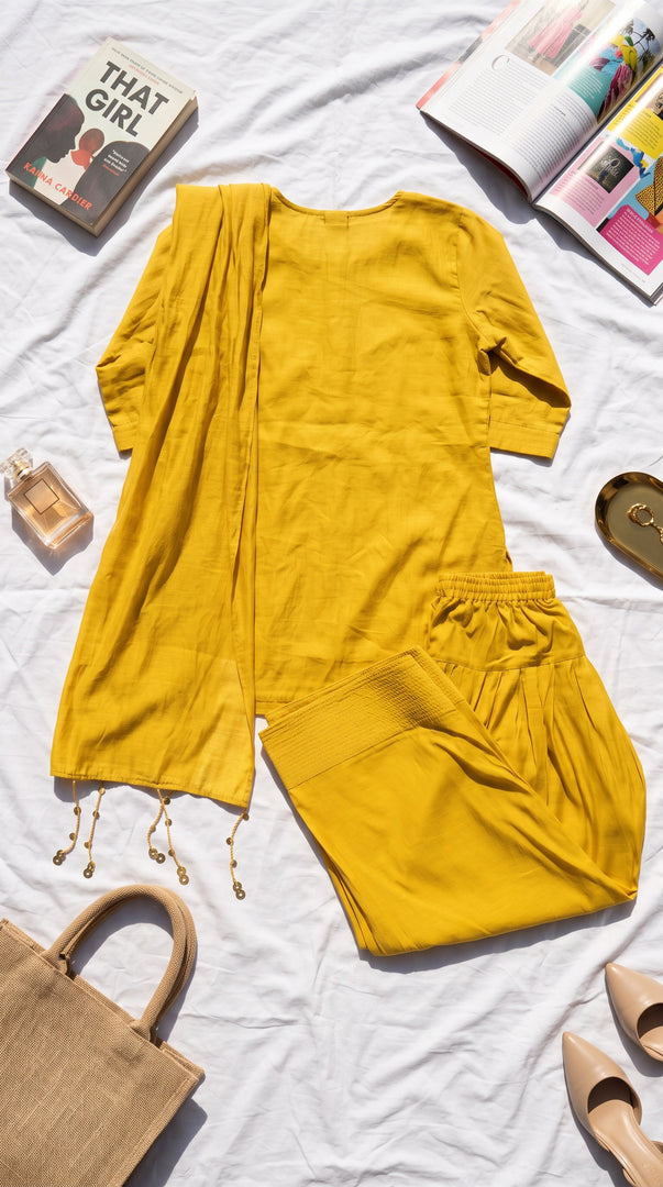 Ruhani Mustard Mirror Work Farshi Kurta Set