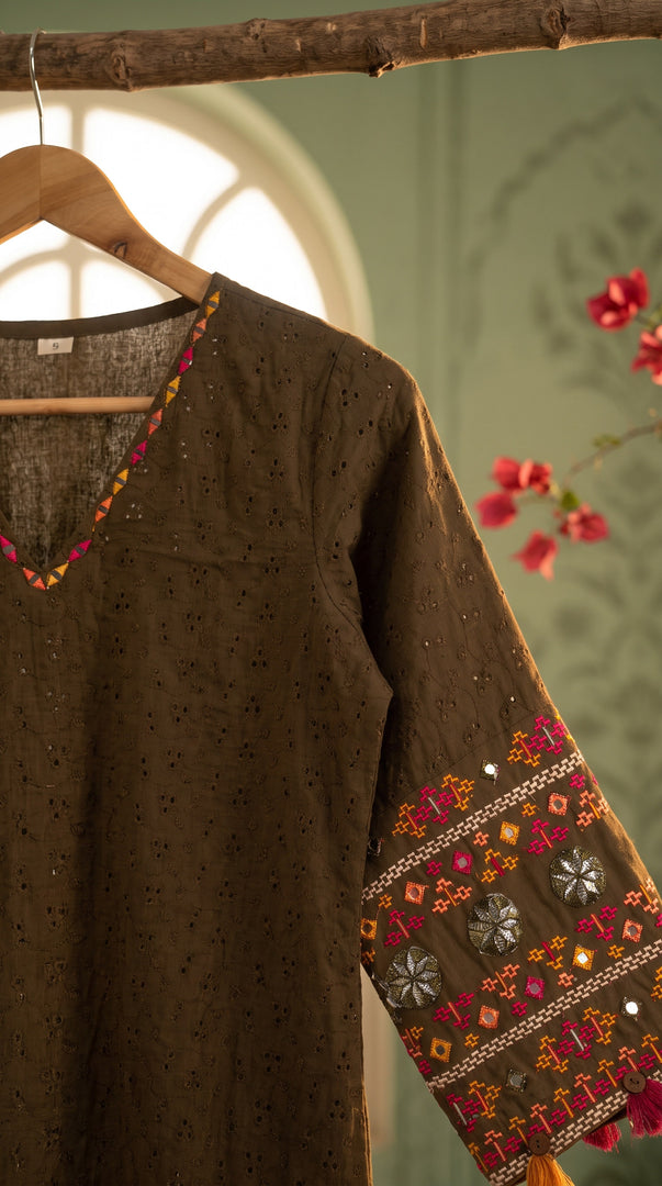 Mehr Military Green Schiffli Tassel Kurta Set