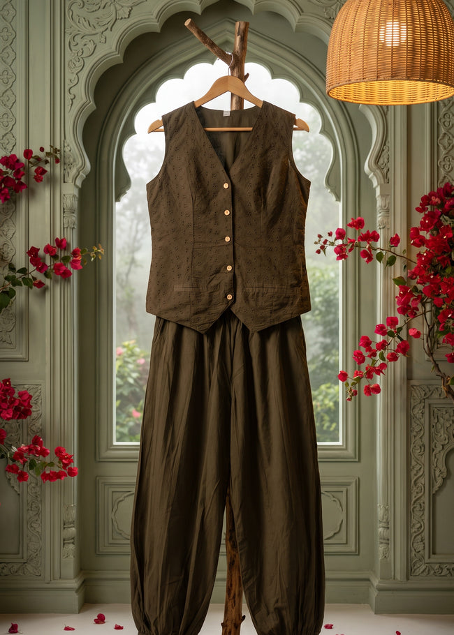 Aira Military Green Schiffli Balloon Pant Co-ord Set
