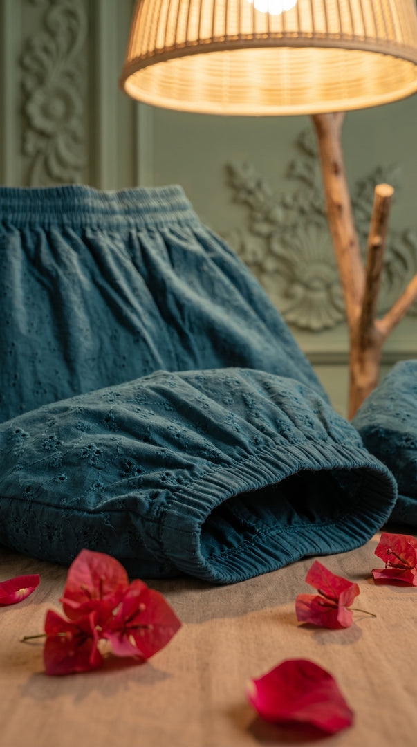 Aira Teal Schiffli Balloon Pant Co-ord Set