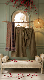 Load image into Gallery viewer, Madhavi Military Green Mirror Work Ajrakh Print Kurta Set