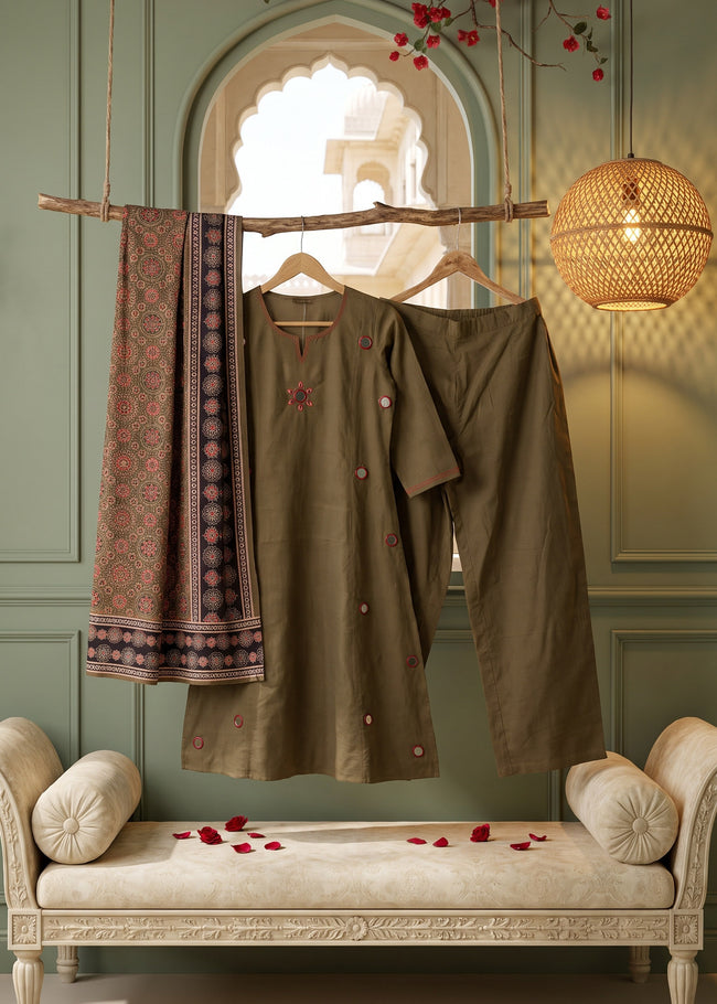 Madhavi Military Green Mirror Work Ajrakh Print Kurta Set