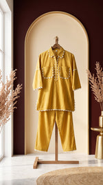 Load image into Gallery viewer, Sukoon Mustard Lace Work Co-ord Set
