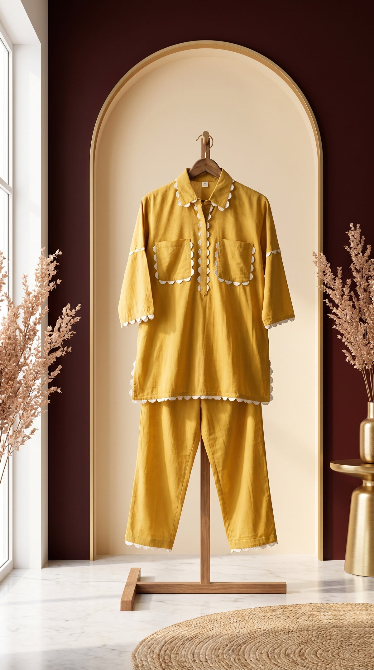 Sukoon Mustard Lace Work Co-ord Set