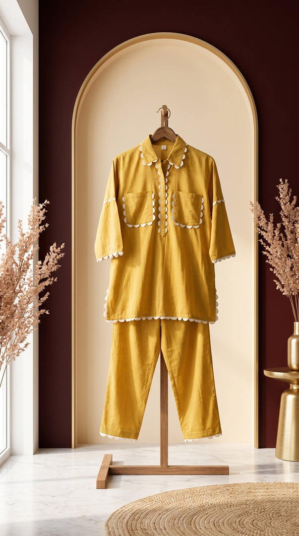 Sukoon Mustard Lace Work Co-ord Set