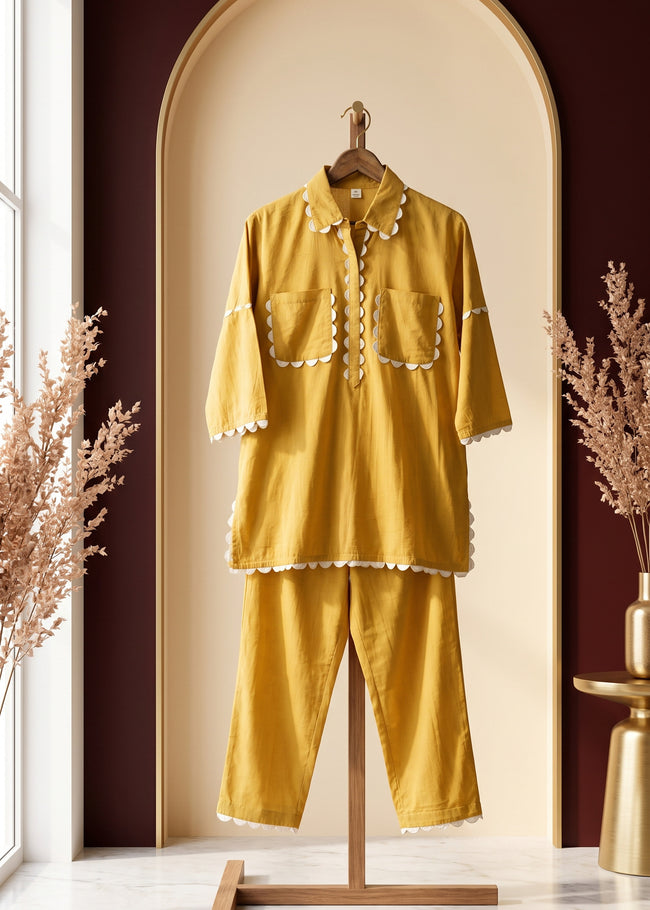 Sukoon Mustard Lace Work Co-ord Set